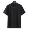 Black men's loose linen blend short sleeve t-shirt with notched neck