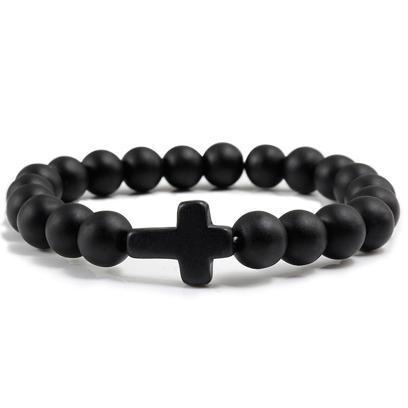 Cross Charm Beaded Bracelet with Stone or Lava Rock