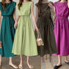 Cotton Linen Midi Dress, Elastic Waist Drawstring Short Sleeve