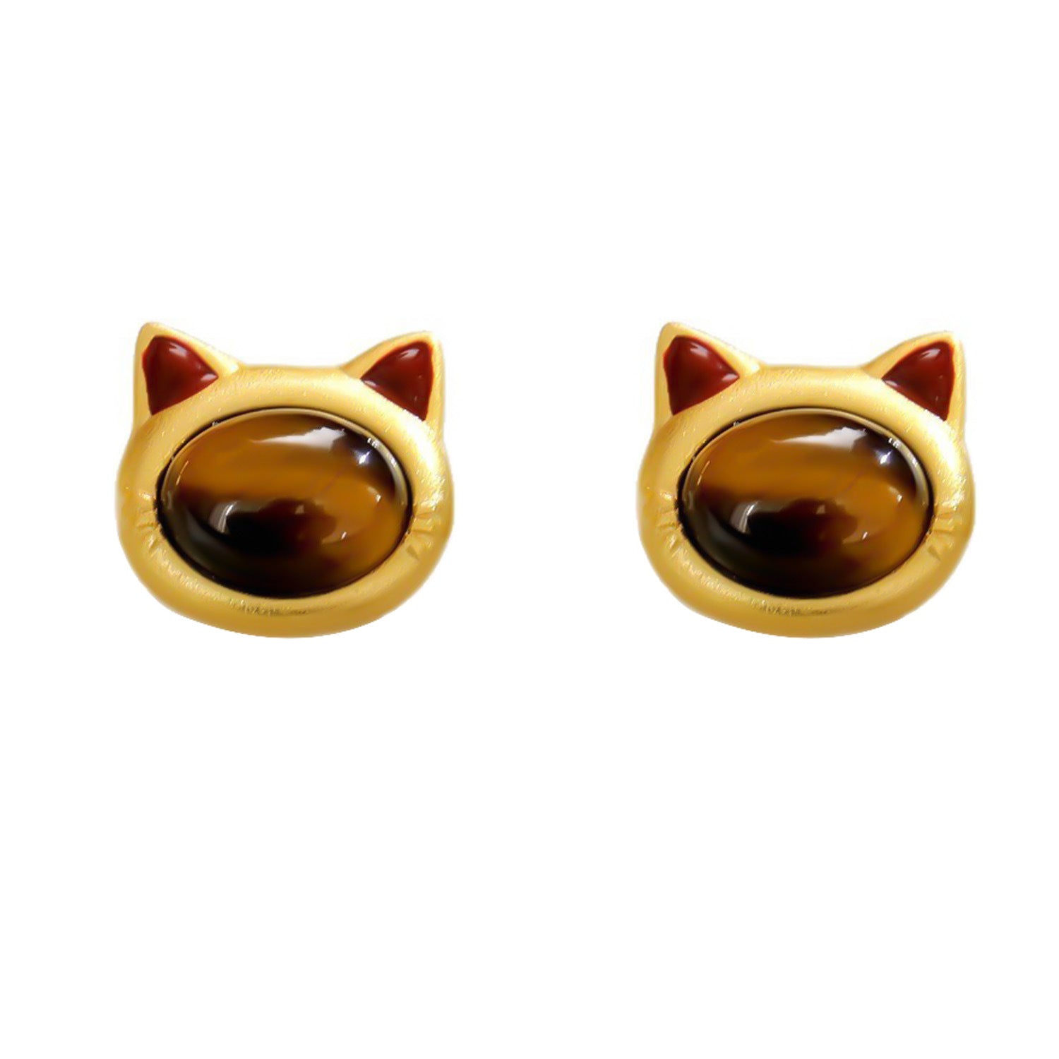 Pair of gold-tone cat head stud earrings with round tiger eye stones on a white background