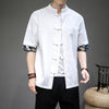 Men's Linen Tang Suit Shirt with Frog Buttons and Crane Print