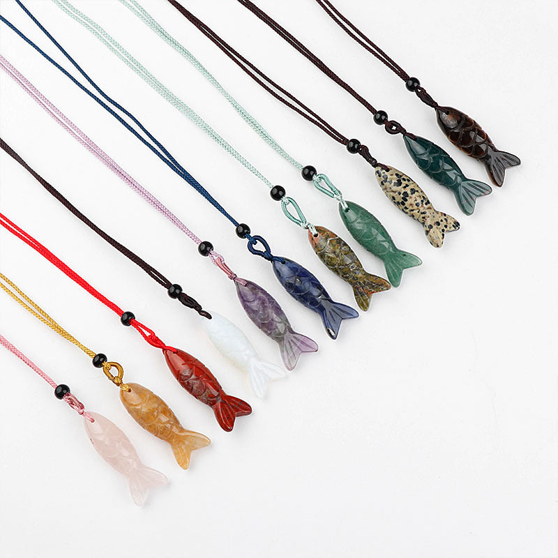 Carved Fish Stone Pendant Necklace, Natural Gemstone Charm