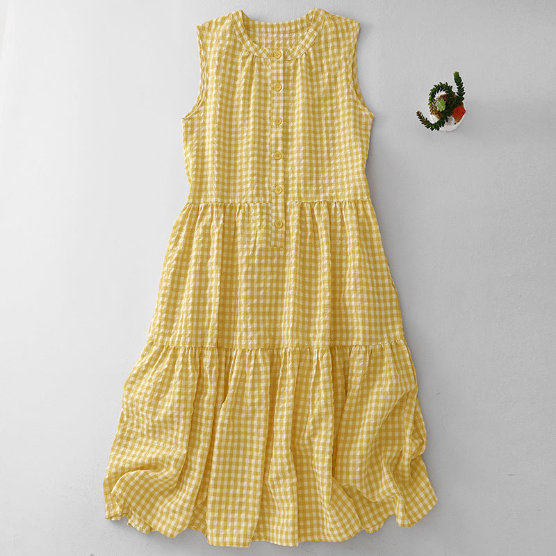 Women's Summer Sleeveless Dresses Cotton Plaid Midi Dress