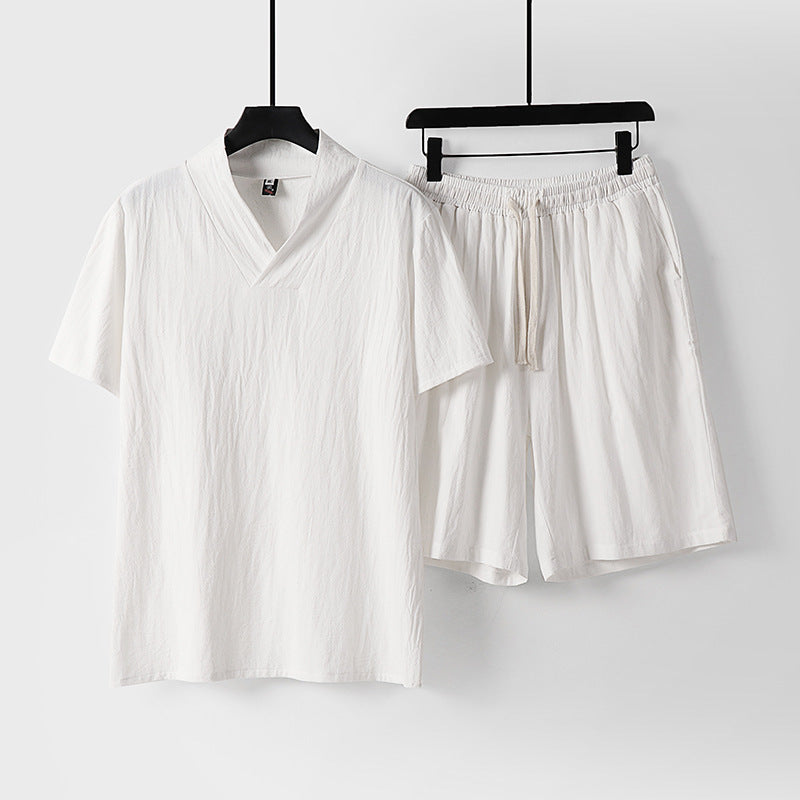 Men's Cotton Linen T-Shirt and Shorts Set V-Neck Short Sleeve