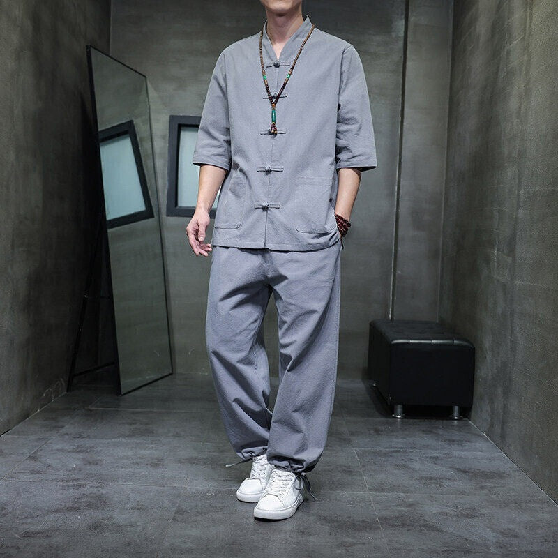 Men's Linen Tang Suit Set with Frog Buttons