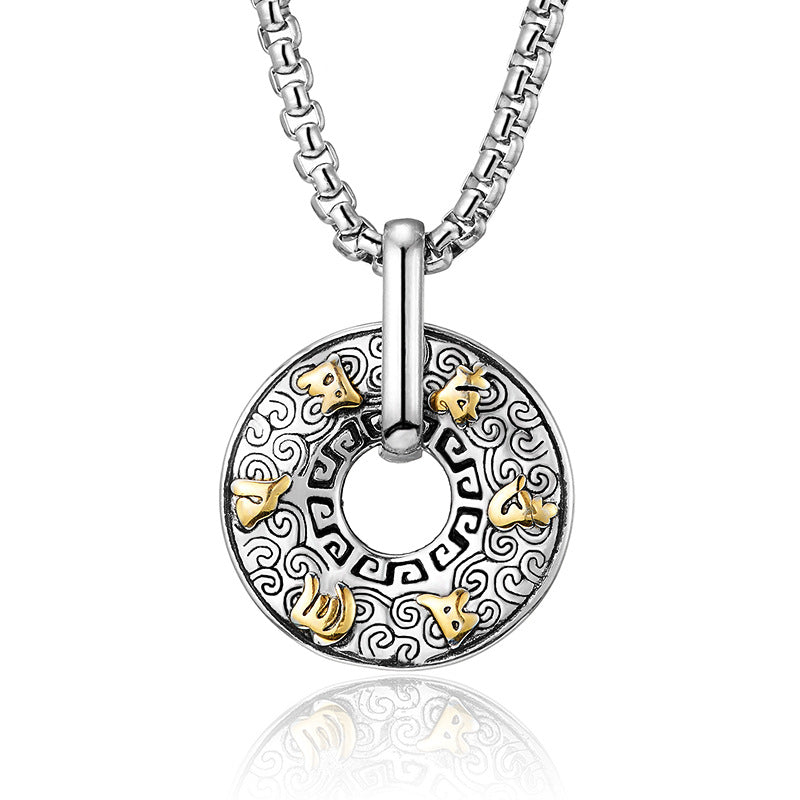 Titanium steel circle pendant with gold mantra characters on a chain