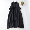 Black linen midi dress with a collar and front buttons