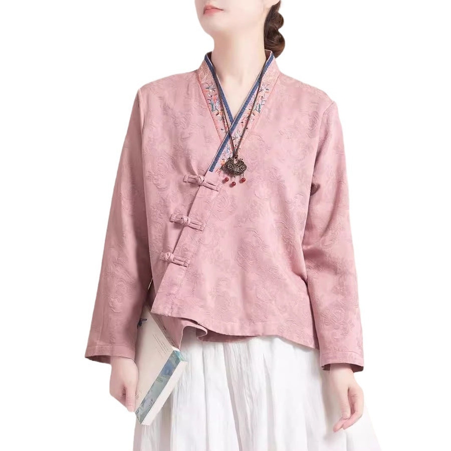 Embroidered Flowers Grass Frog-Button Long Sleeve Cotton Women's Shirt