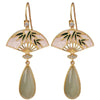 Gold-tone fan earrings with green bamboo leaves and a jade-colored teardrop drop