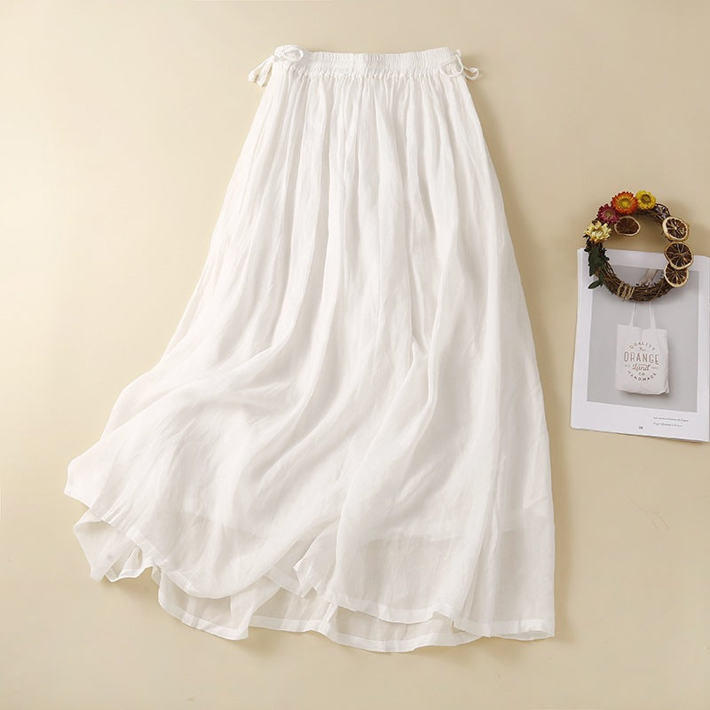 White plain lace up elastic waist women's skirt with pockets laid flat