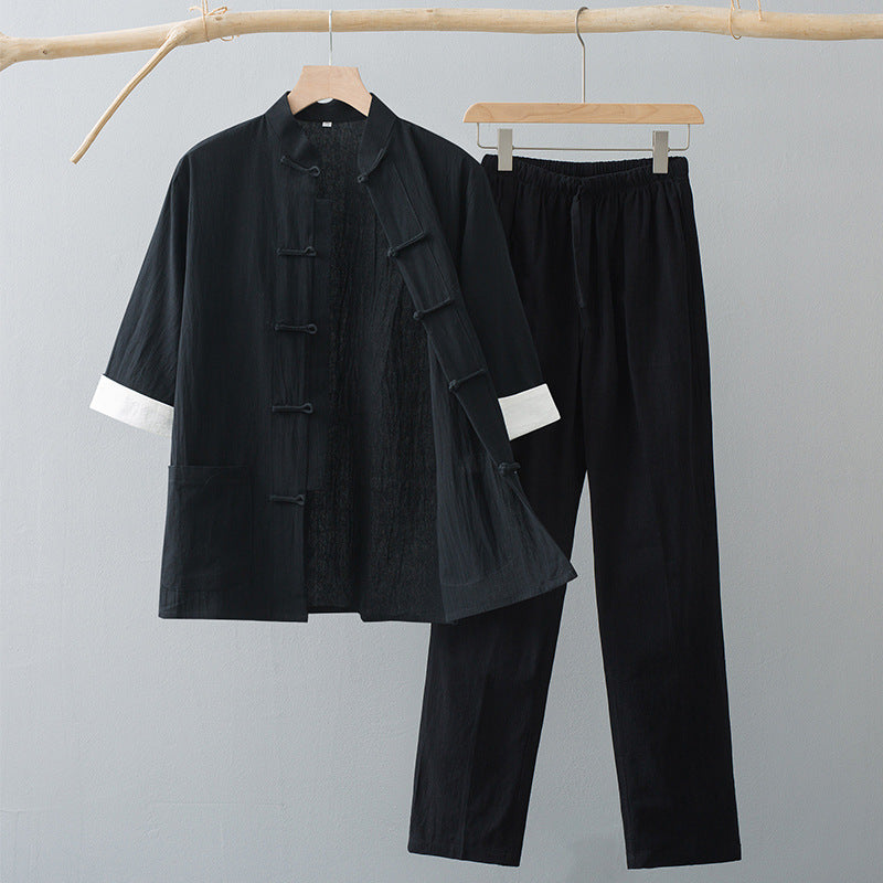 Men's Tang Suit Set: Cotton Blend Short Sleeve Top and Pants