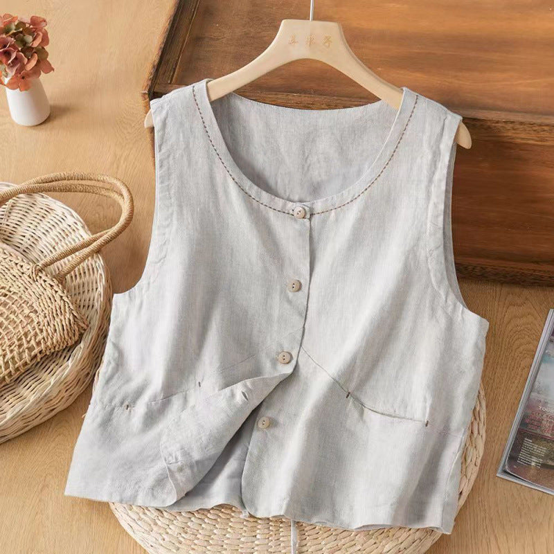 Women's Vest Sleeveless Cotton Linen Top with Pockets