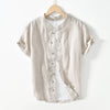 Men's Linen Short Sleeve Shirt with Stand Collar and Frog Buttons