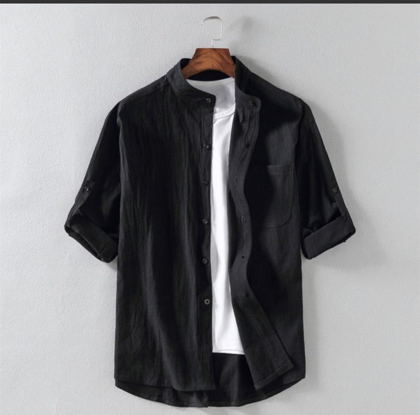 Men's Linen Blend Stand Collar Shirt With Pocket