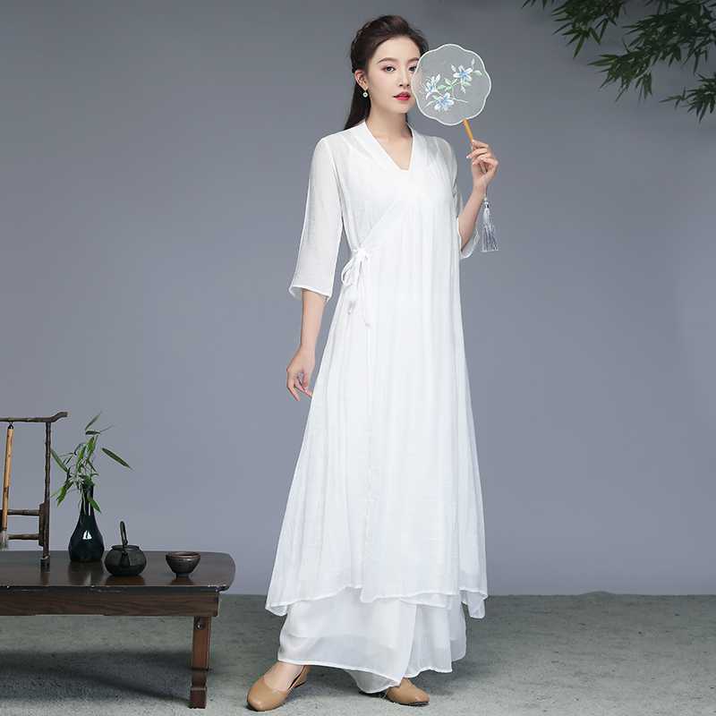 Women's Meditation Cloth Hanfu Style Midi Dress Wide Leg Pants