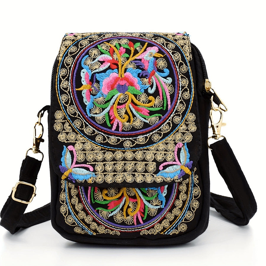 Embroidered Canvas Crossbody Bag with Floral Motifs
