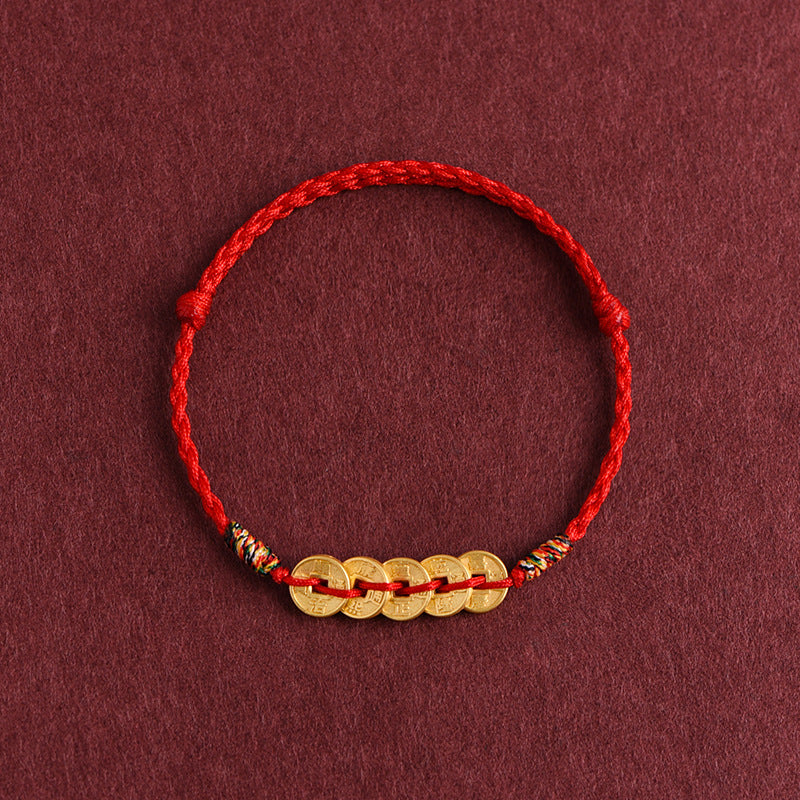 Five Copper Coins Braided String Protection Bracelet Anklet