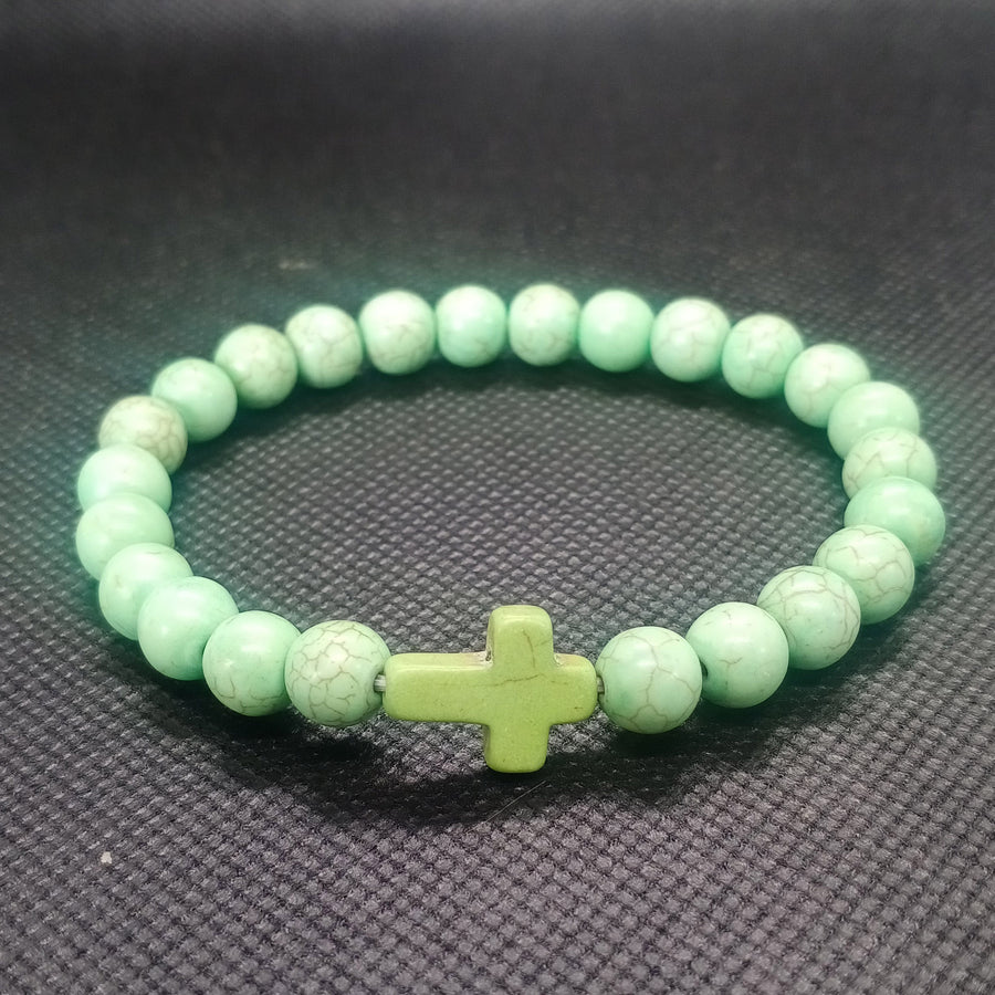 Cross Charm Beaded Bracelet with Stone or Lava Rock