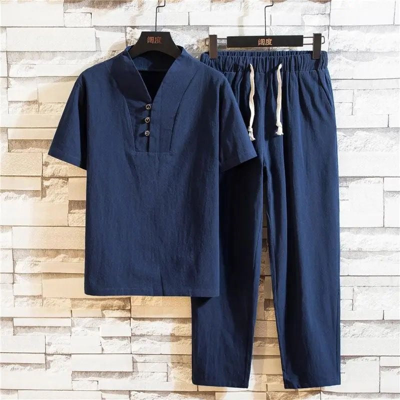 Men's Meditation Cloth Set: Linen-Blend T-Shirt and Pants