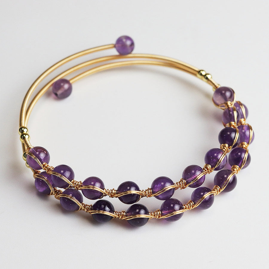 Gold-Tone Wire Wrapped Gemstone Bead Bangle Bracelet