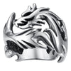 A silver-tone adjustable ring with a detailed dragon and flame design.