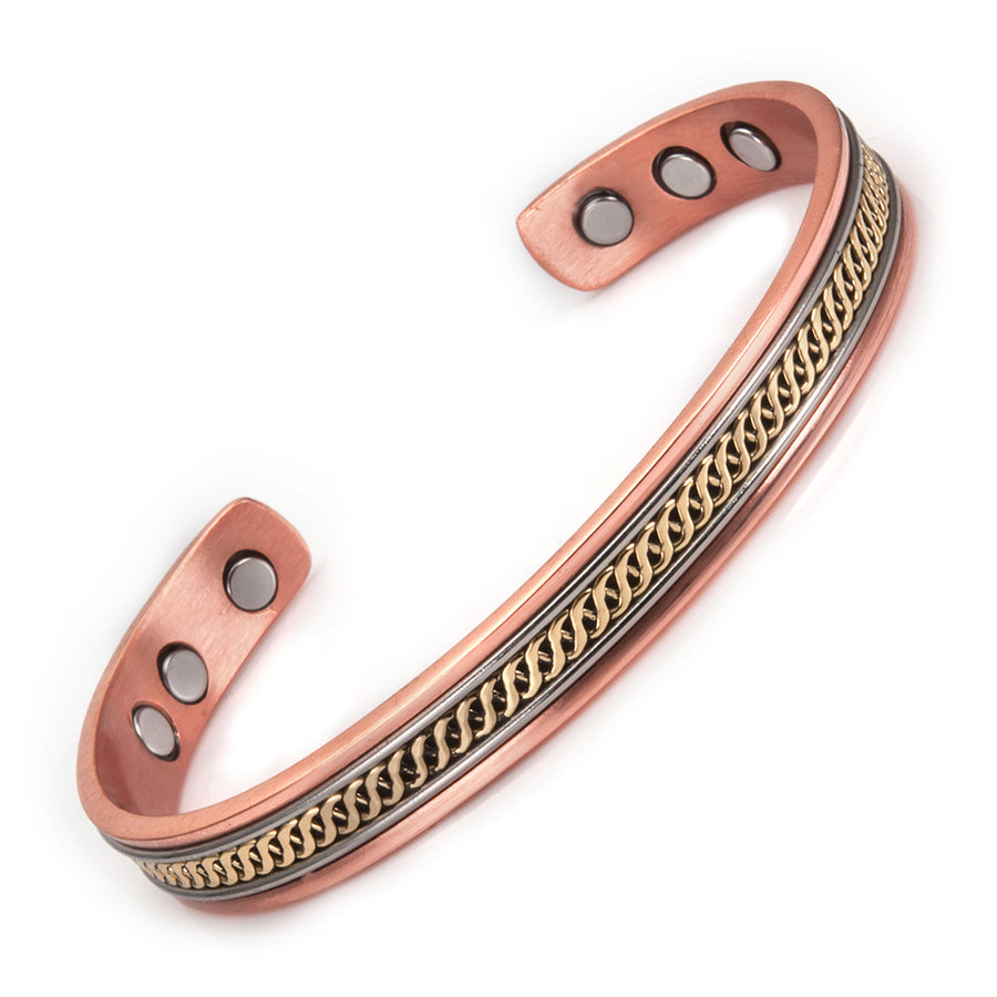 Open copper bracelet with braided detail and visible magnets