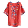 Embroidered Cotton Linen T-Shirt Women's Floral Crew Neck Short Sleeve Top