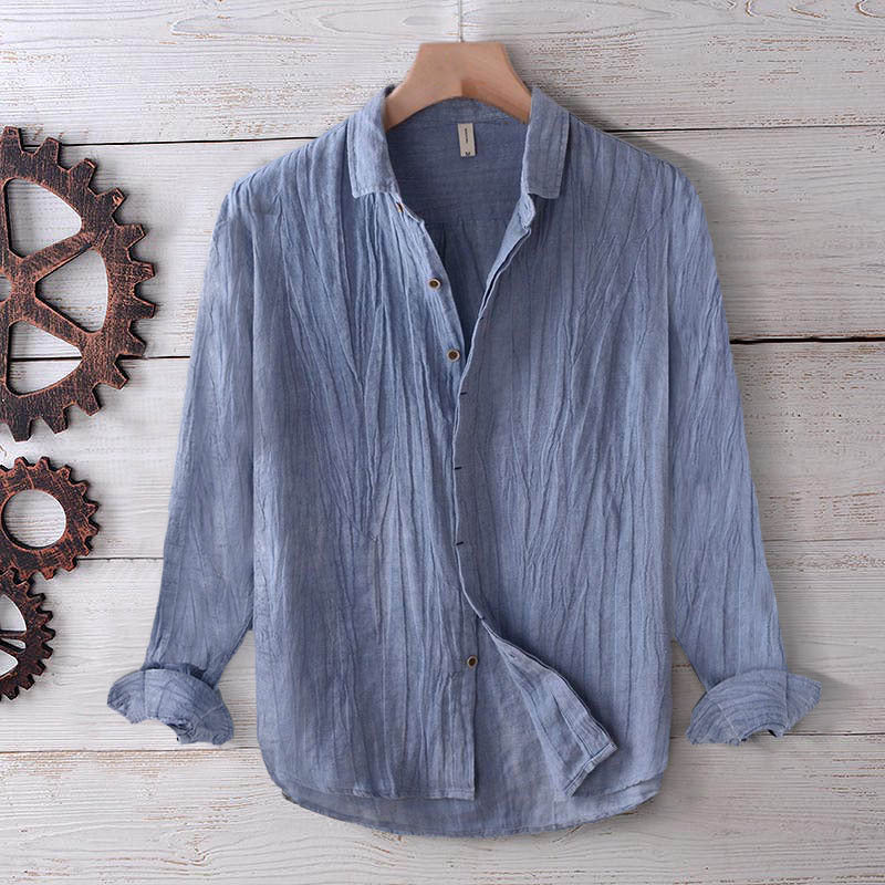 Men's Linen Cotton Long Sleeve Shirt Solid Color Lapel Button Down Top