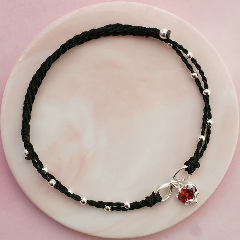 Fox Charm Anklet with Braided Cord and Copper Beads