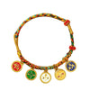 Multicolored braided bracelet with five gold-tone charms on a white background