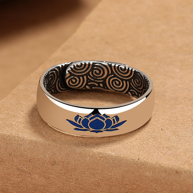 Copper ring with blue lotus enamel and inner cloud pattern