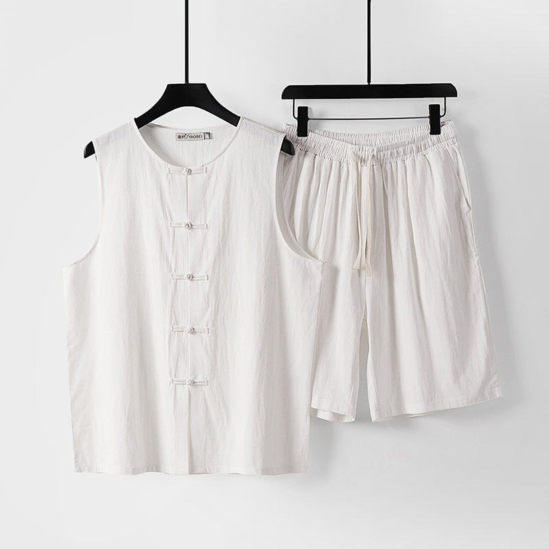Men's Cotton Linen Vest and Shorts Set, Chinese Style Sleeveless Top