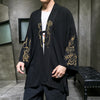 Men's Black Cotton Linen Embroidered Kimono Jacket
