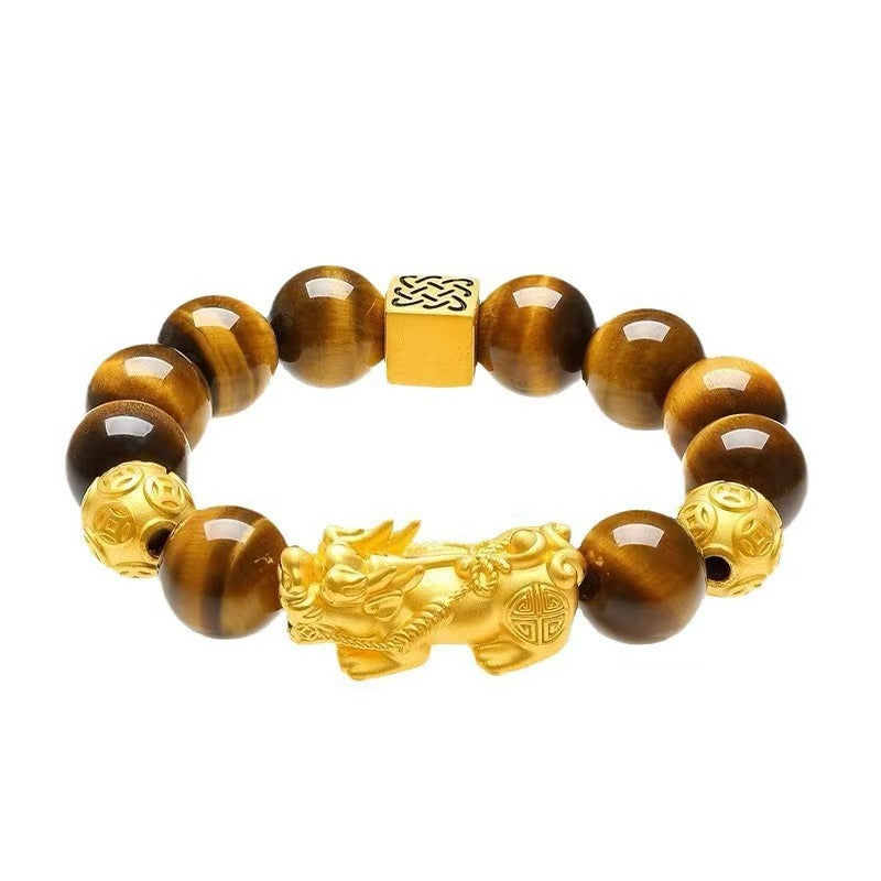 Attract Wealth PiXiu Bracelet with Black Obsidian and Gold-Tone Copper