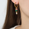 Natural Stone and Pearl Drop Hoop Earrings, Titanium Steel
