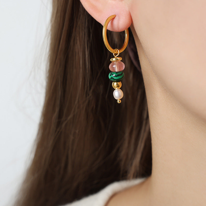Natural Stone and Pearl Drop Hoop Earrings, Titanium Steel