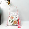 Embroidered Drawstring Bucket Bag with Tassel, Floral and Animal Motifs