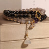 Gray Agate and Gold-tone Sheen Obsidian Double Wrap Bracelet with Lotus Charm