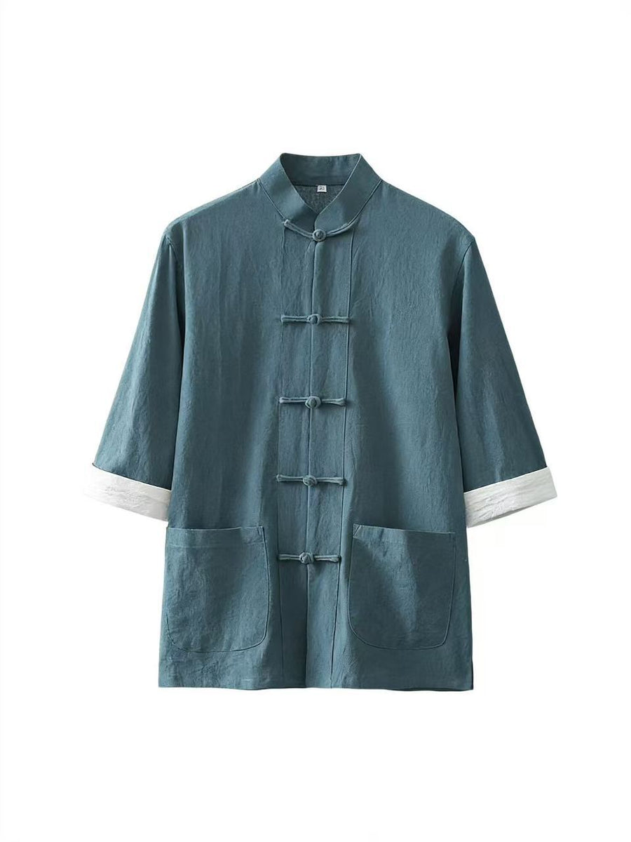 Men's Tang Suit Half Sleeve Shirt Cotton Linen Top