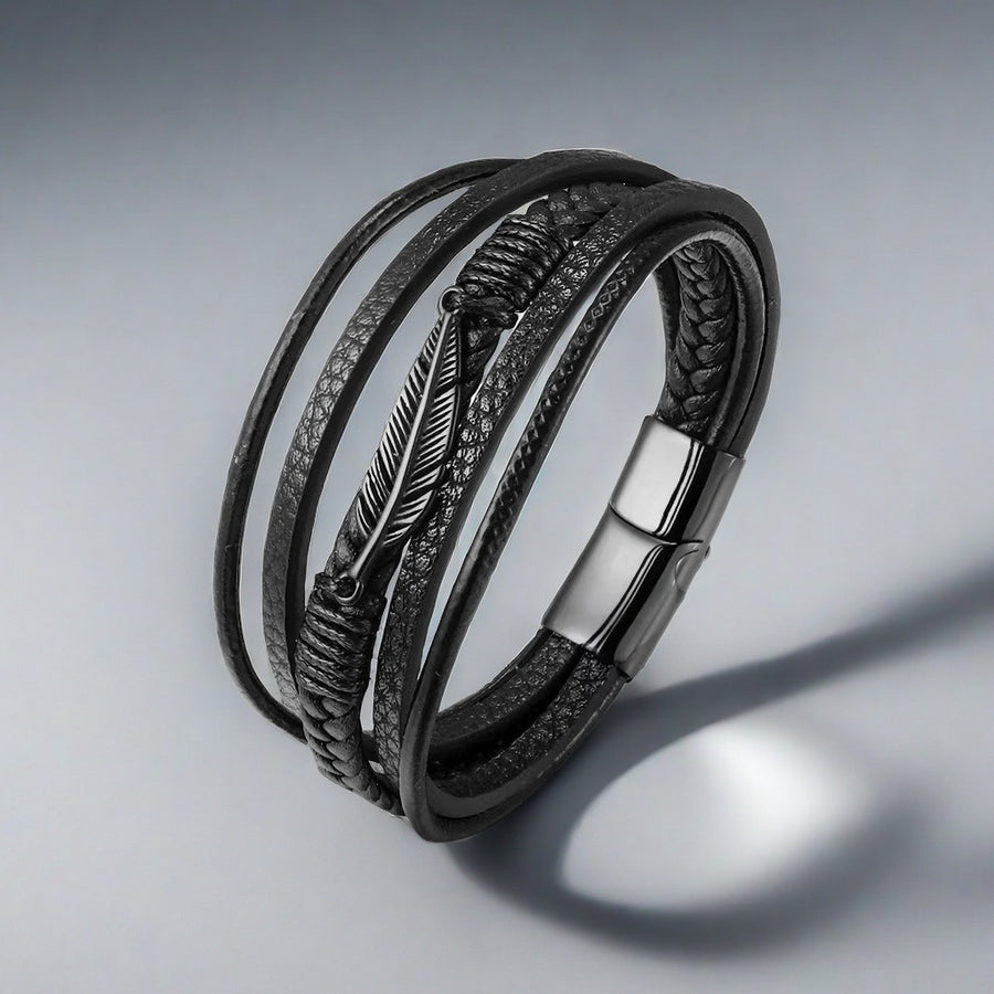 Feather Pattern Multilayer Leather Titanium Steel Calm Braided Magnetic Buckle Bracelet