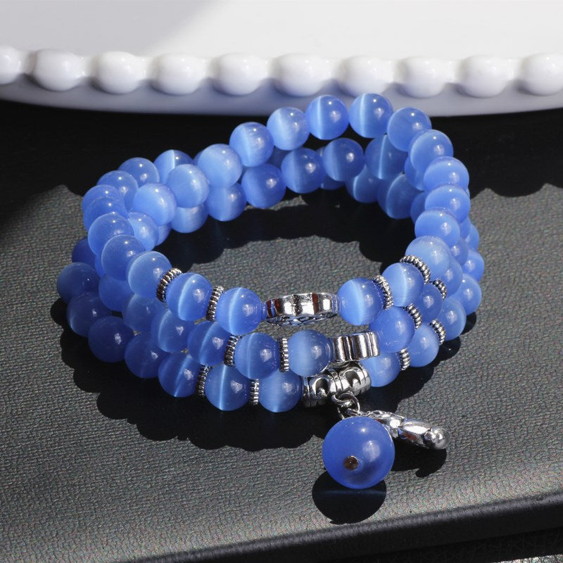 Cat Eye Triple Wrap Bracelet with Lucky Cat Charm