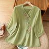 Embroidered Flowers Women's V-neck Shirt, Soft Satin Top