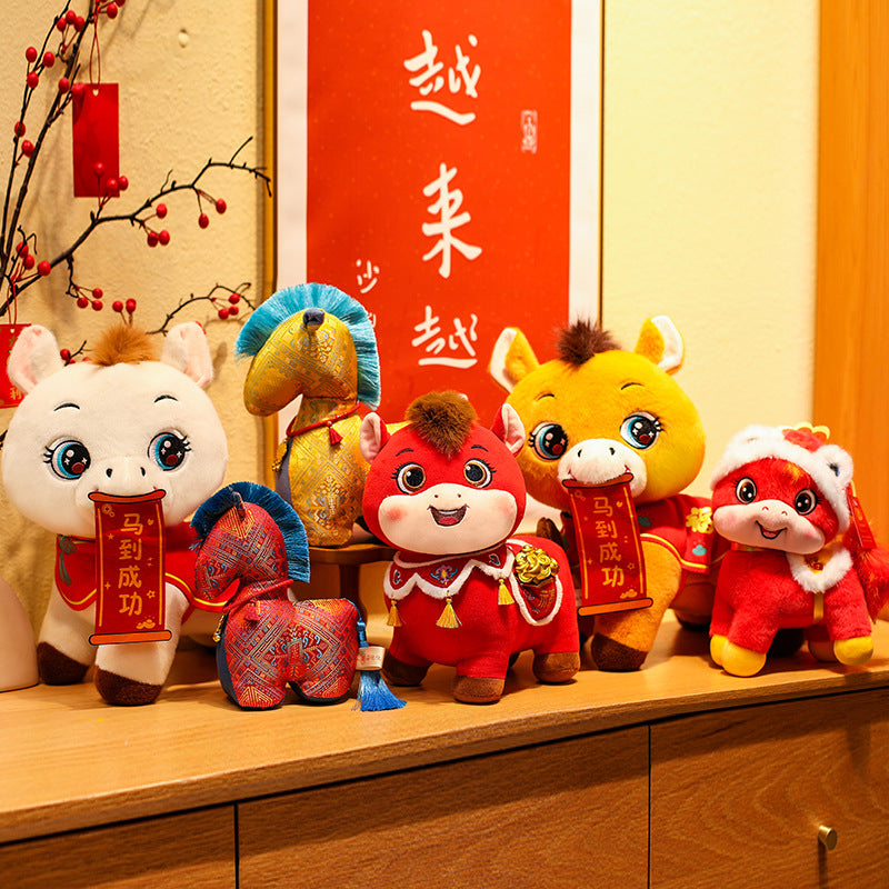 Group display of various colorful horse plush toys and fabric decorations on a wooden shelf