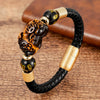 Pixiu Leather Bracelet with Gold-Tone Clasp and Mantra Beads