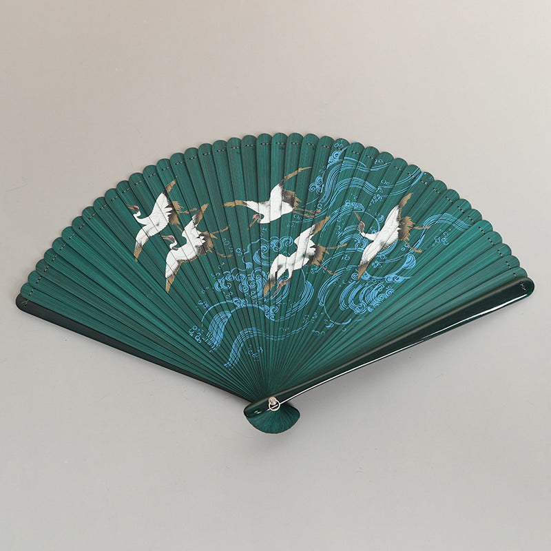 Traditional Chinese Folding Hand Fan with Crane Motifs
