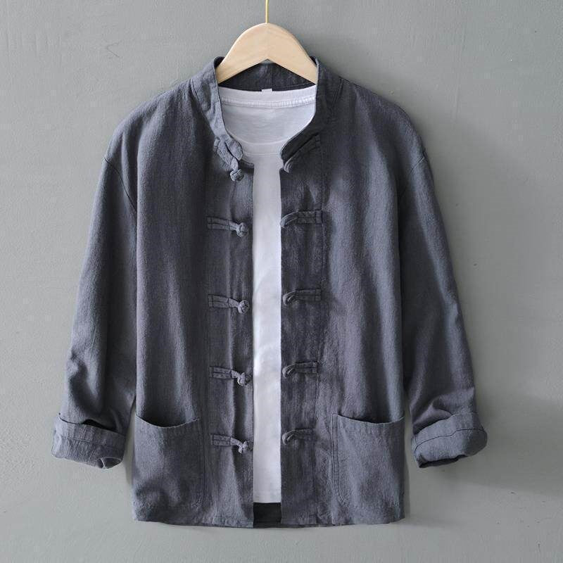 Men's Chinese Frog-Button Linen Shirt with Pockets