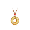 Gold-tone peace buckle pendant with coin pattern on a brown woven cord