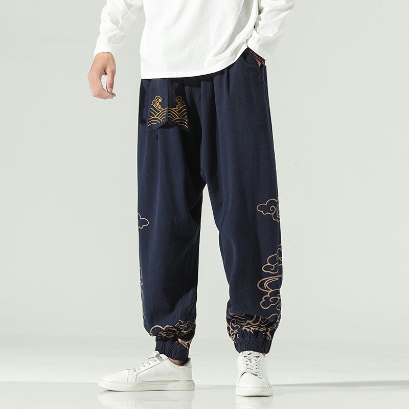 Men's Harem Pants with Cloud Embroidery, Cotton Linen Drawstring Trousers