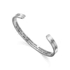 Silver tone open cuff bracelet with engraved inspirational text on the inside