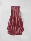 Cotton Linen Plaid Midi Dress Sleeveless Casual